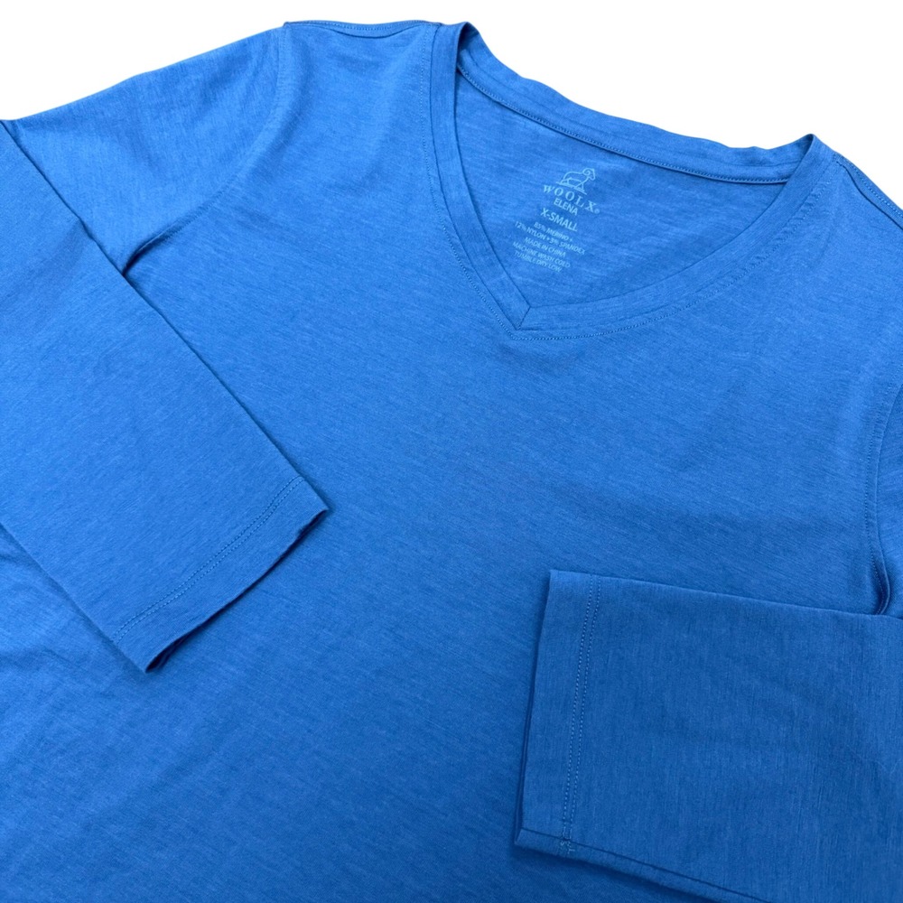 Woolx Elena V-Neck Top Womens XS Blue Merino Wool Blend 3/4 Sleeve Base Layer
